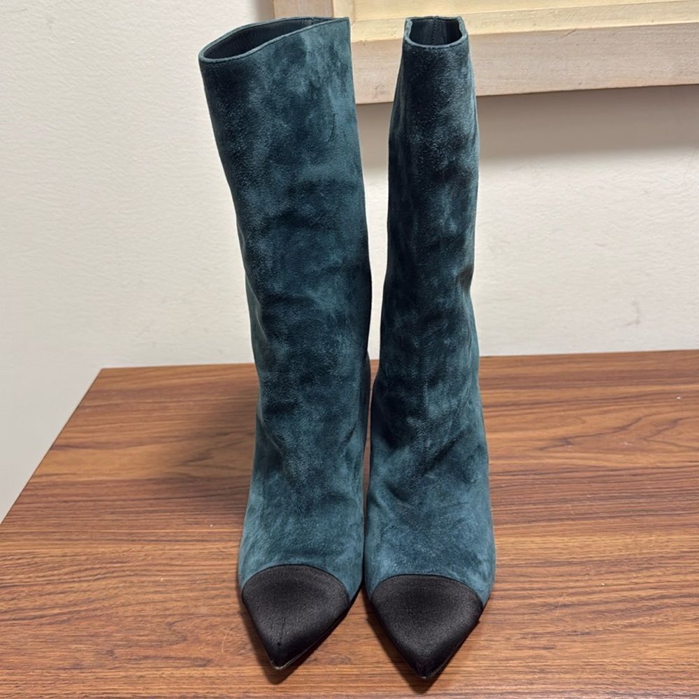 Chanel 2017 Gabrielle Coco Satin Suede Mid Calf Boots. Size 38. Green/Black. - Picture 3 of 13